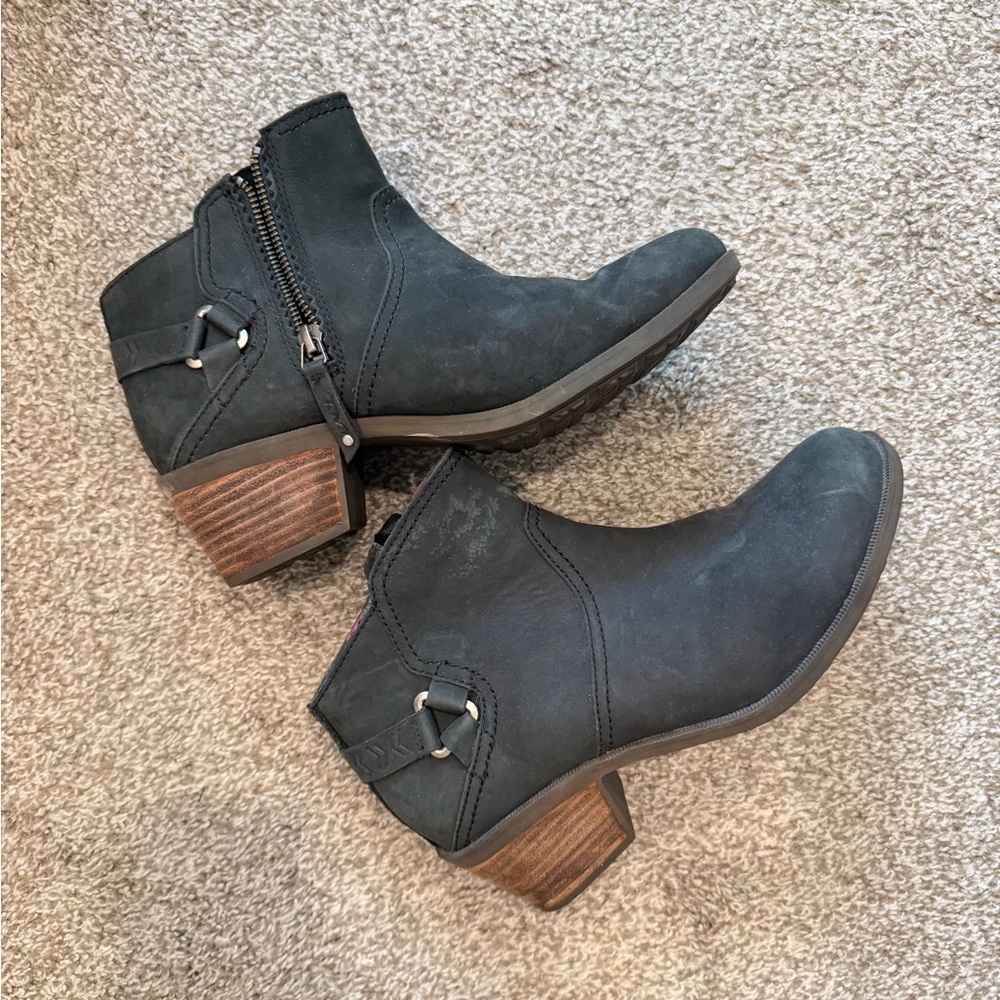 Teva Black Suede Ankle Booties with Stacked Wood Heel